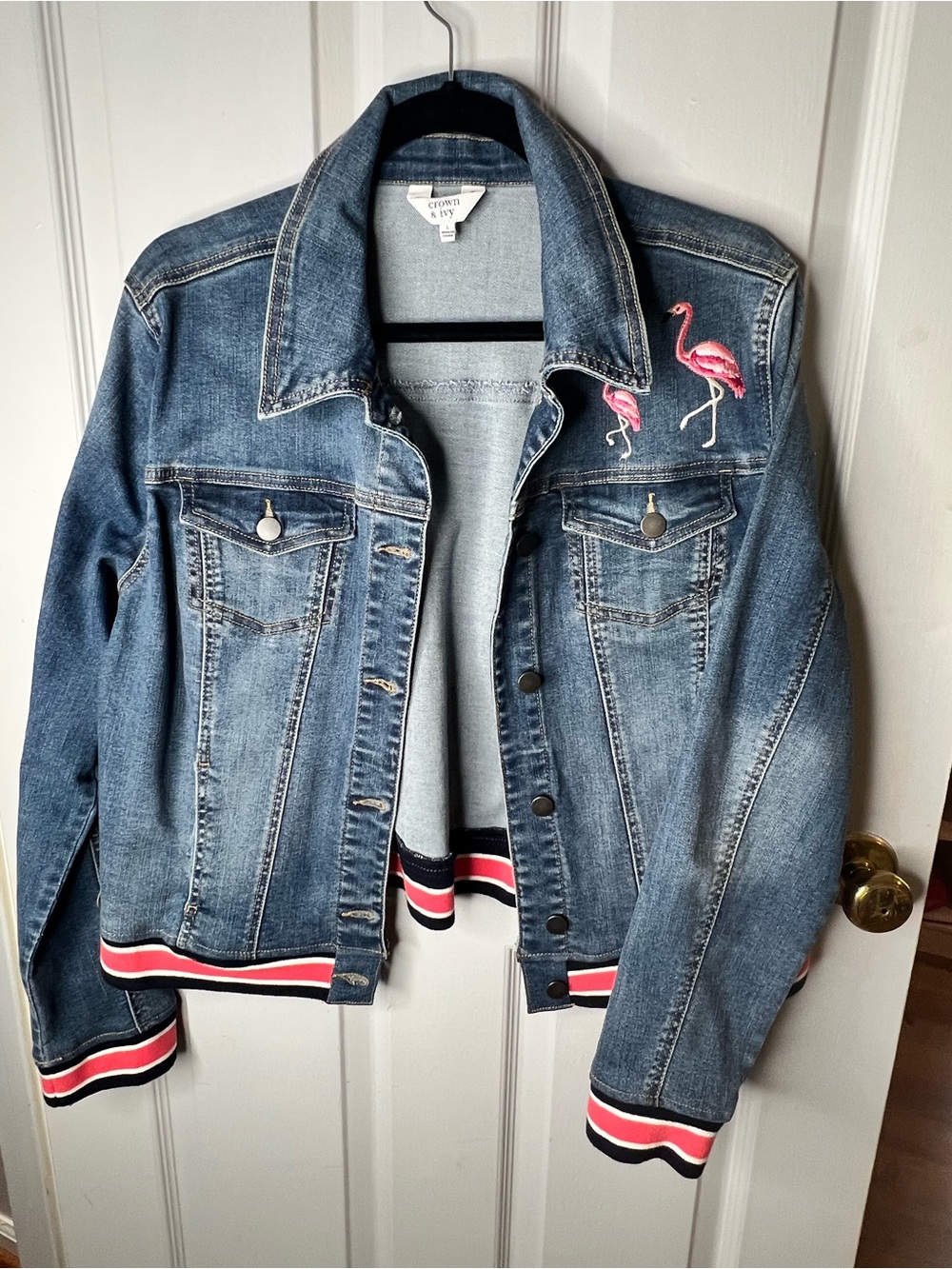 crown & ivy Denim Jacket with Pink Flamingo Embroidery